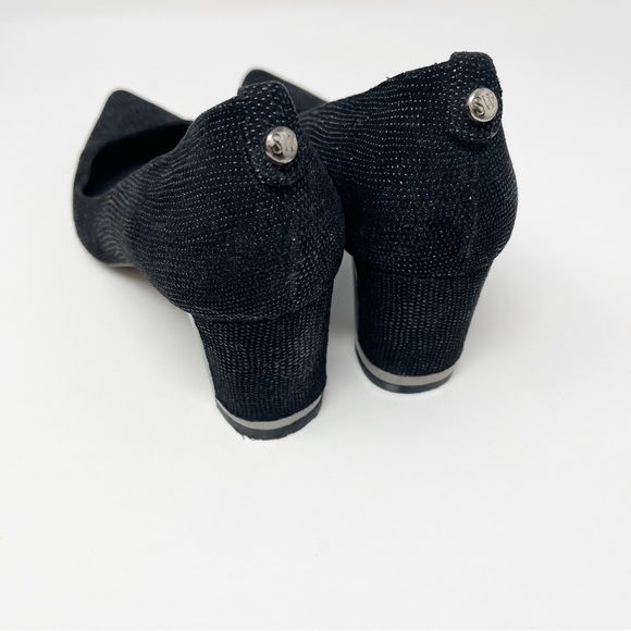 Stuart Weitzman 6.5M Block Heel Black Sparkly Pointy Toe Shoes - Picture 2 of 12